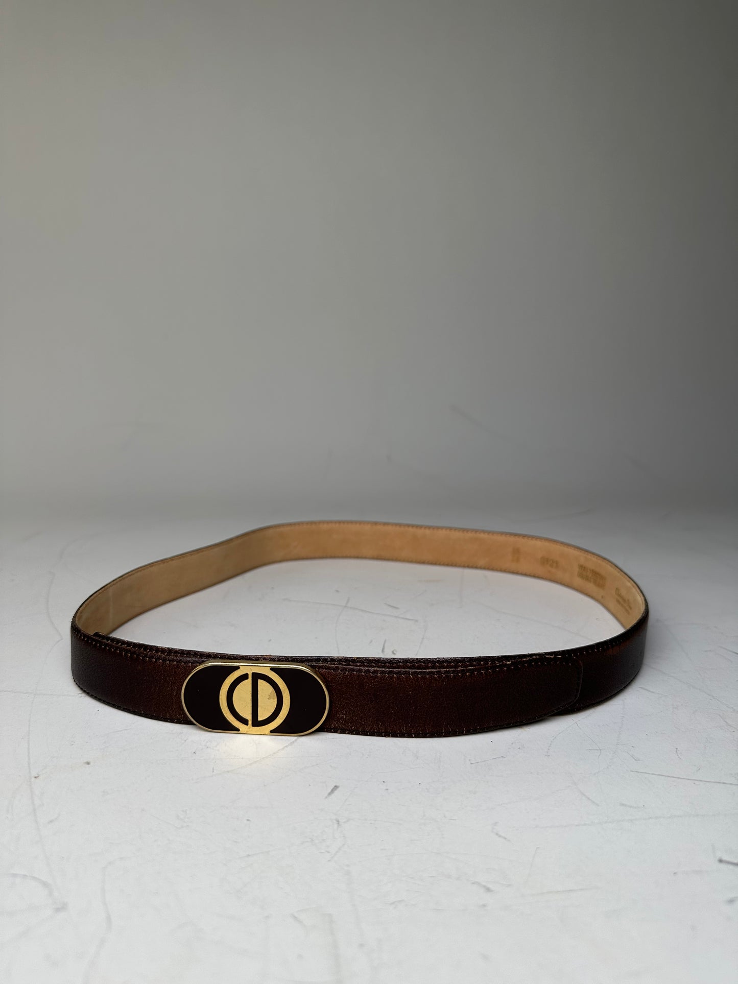 Vintage Dior CD Logo Leather Belt Brown Gold