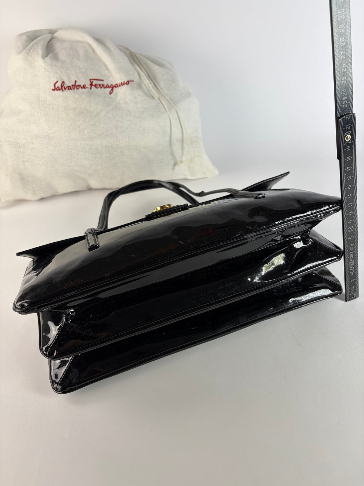 Vintage Ferragamo Patent Structured Top-Handle Bag Late 1990s Black