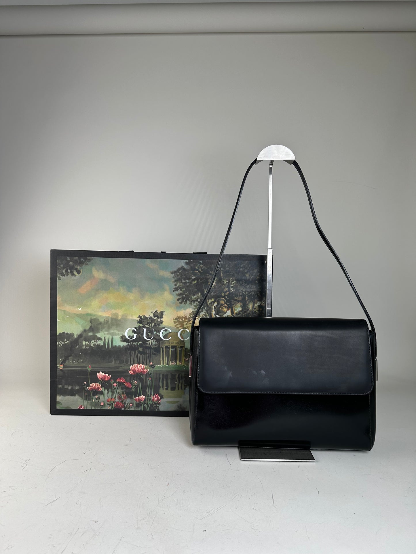 Vintage Gucci Smooth Leather Shoulder Bag Black Silver