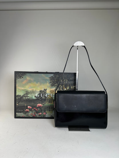 Vintage Gucci Smooth Leather Shoulder Bag Black Silver