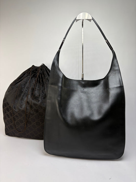 Vintage Gucci Leather Hobo Bag Late 1990s Black Silver