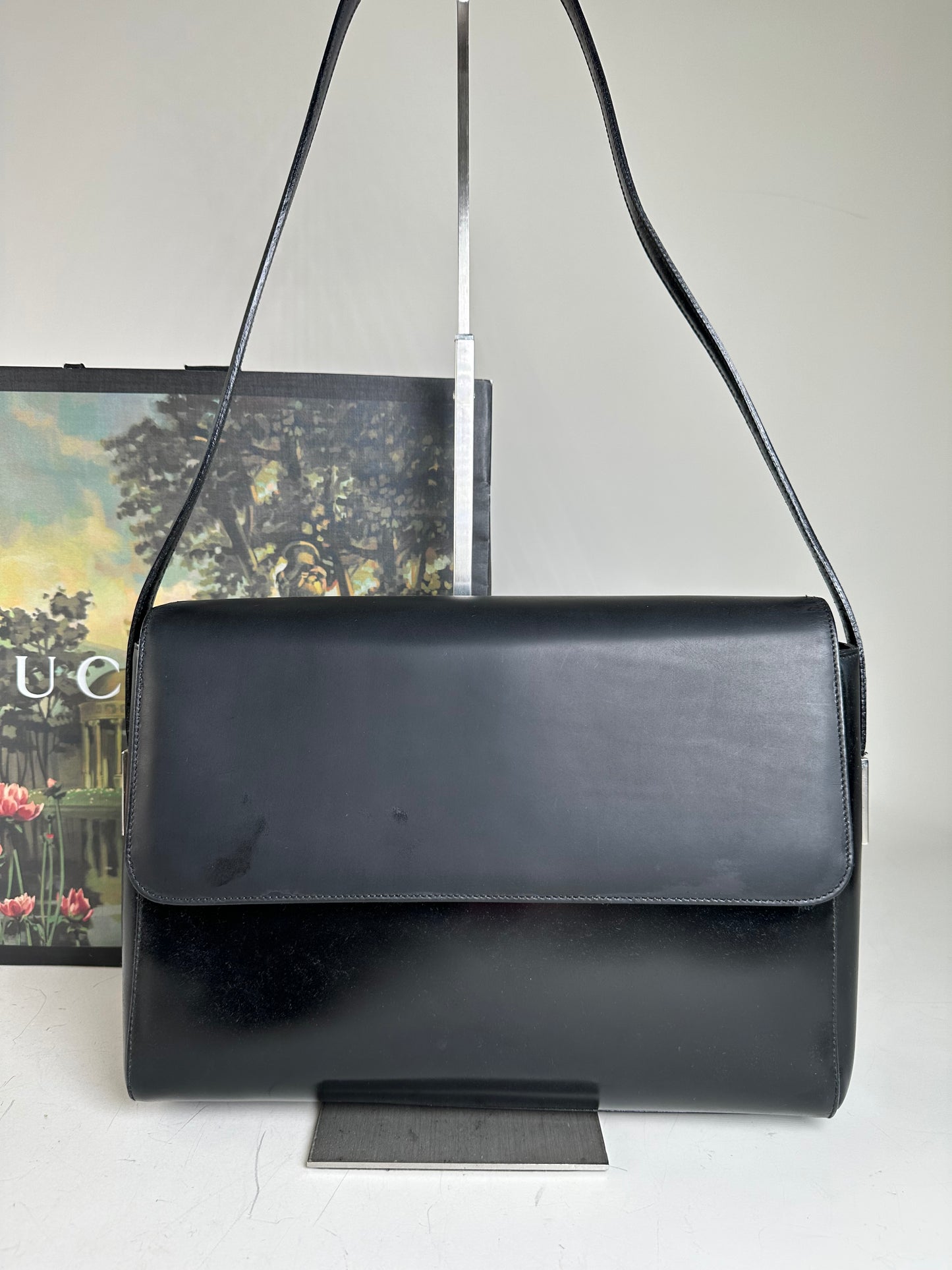 Vintage Gucci Smooth Leather Shoulder Bag Black Silver