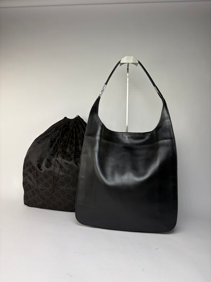 Vintage Gucci Leather Hobo Bag Late 1990s Black Silver