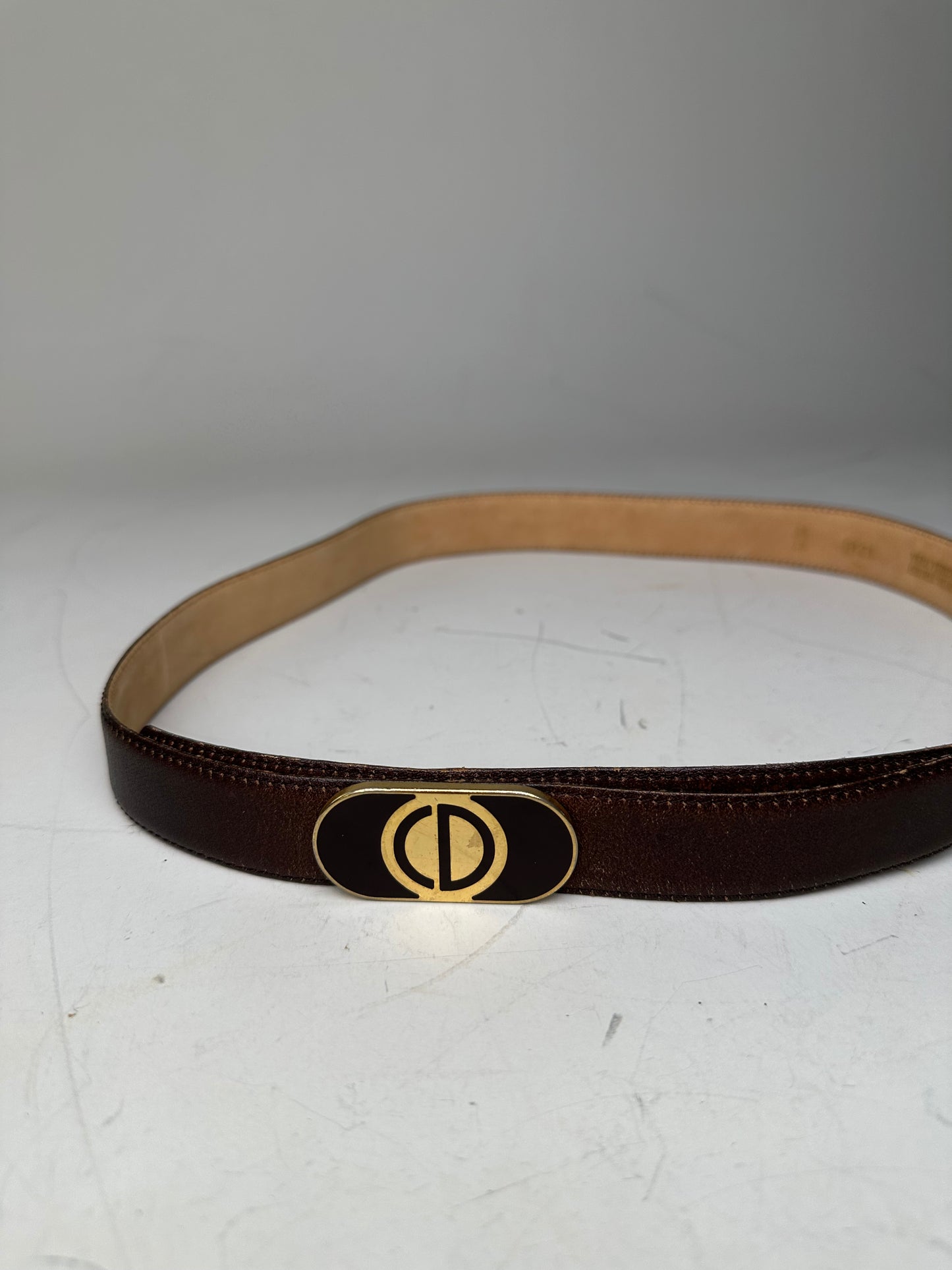 Vintage Dior CD Logo Leather Belt Brown Gold