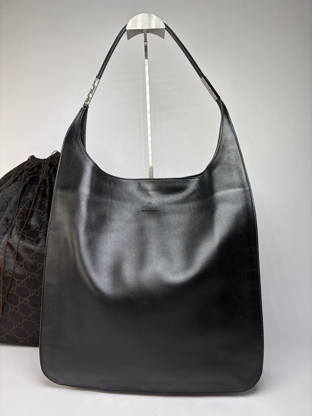 Vintage Gucci Leather Hobo Bag Late 1990s Black Silver