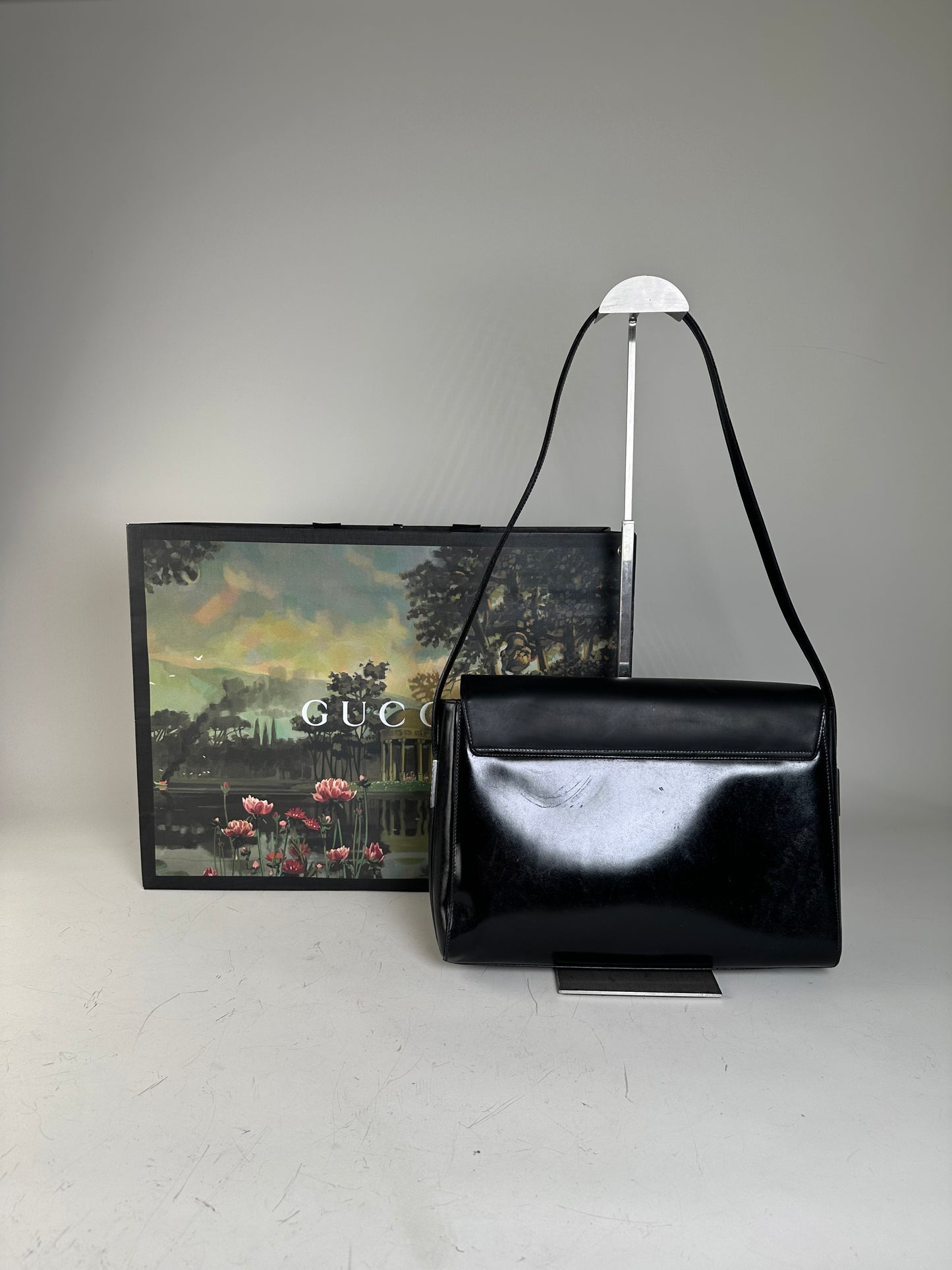 Vintage Gucci Smooth Leather Shoulder Bag Black Silver