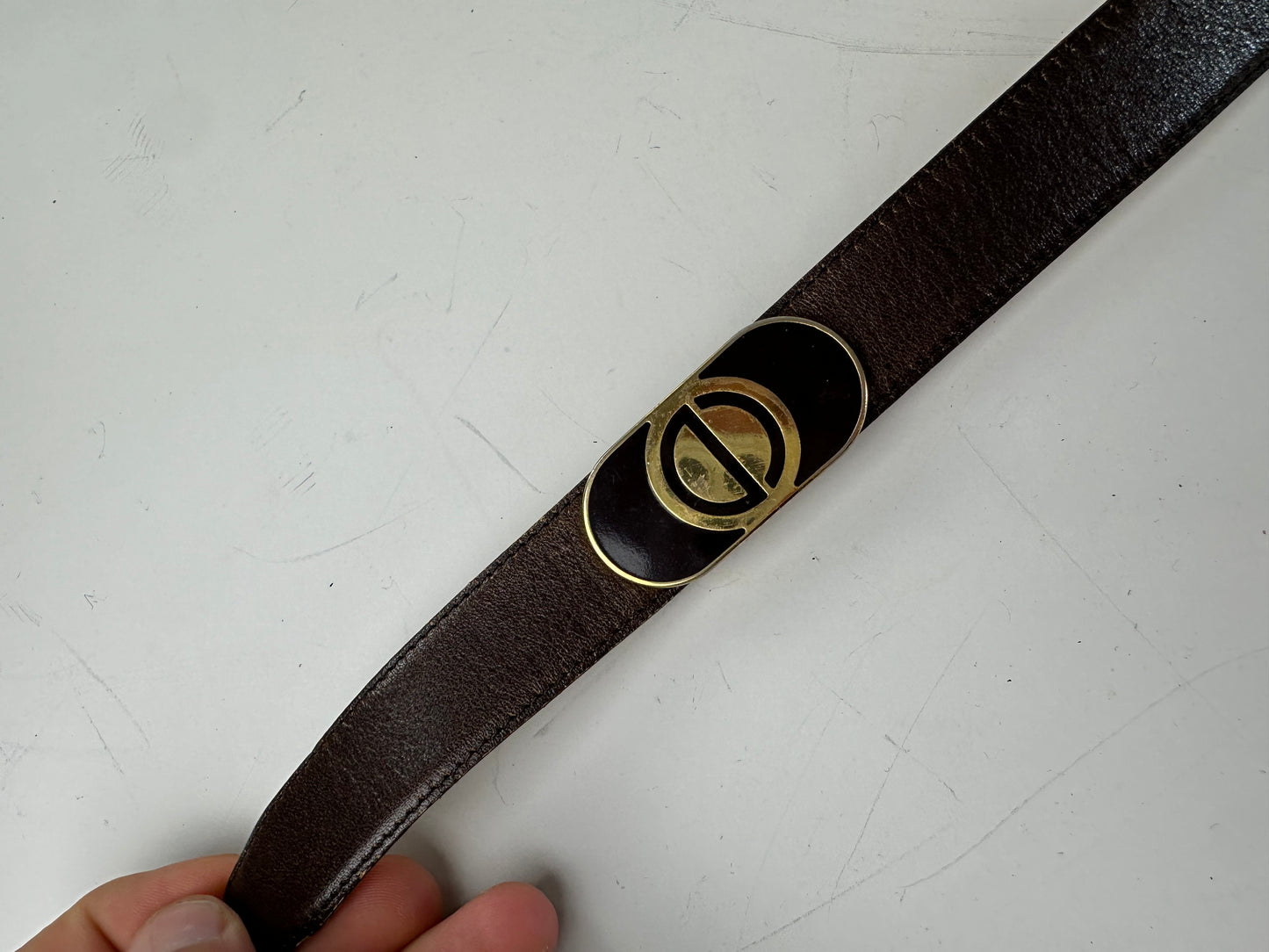 Vintage Dior CD Logo Leather Belt Brown Gold