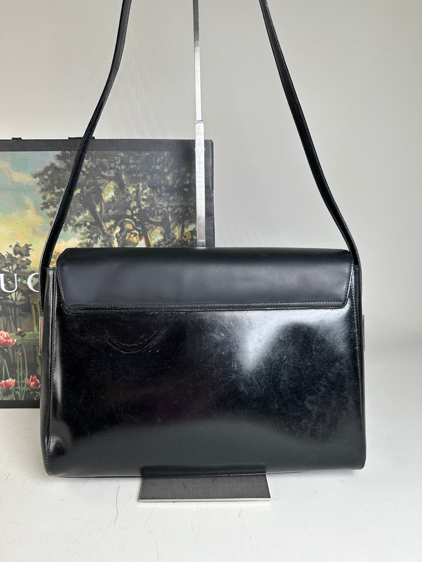 Vintage Gucci Smooth Leather Shoulder Bag Black Silver