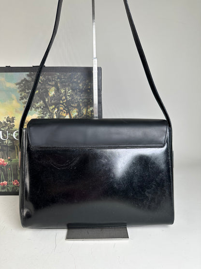 Vintage Gucci Smooth Leather Shoulder Bag Black Silver