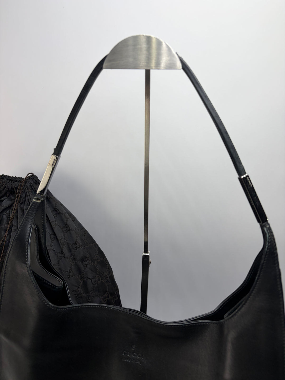 Vintage Gucci Leather Hobo Bag Late 1990s Black Silver