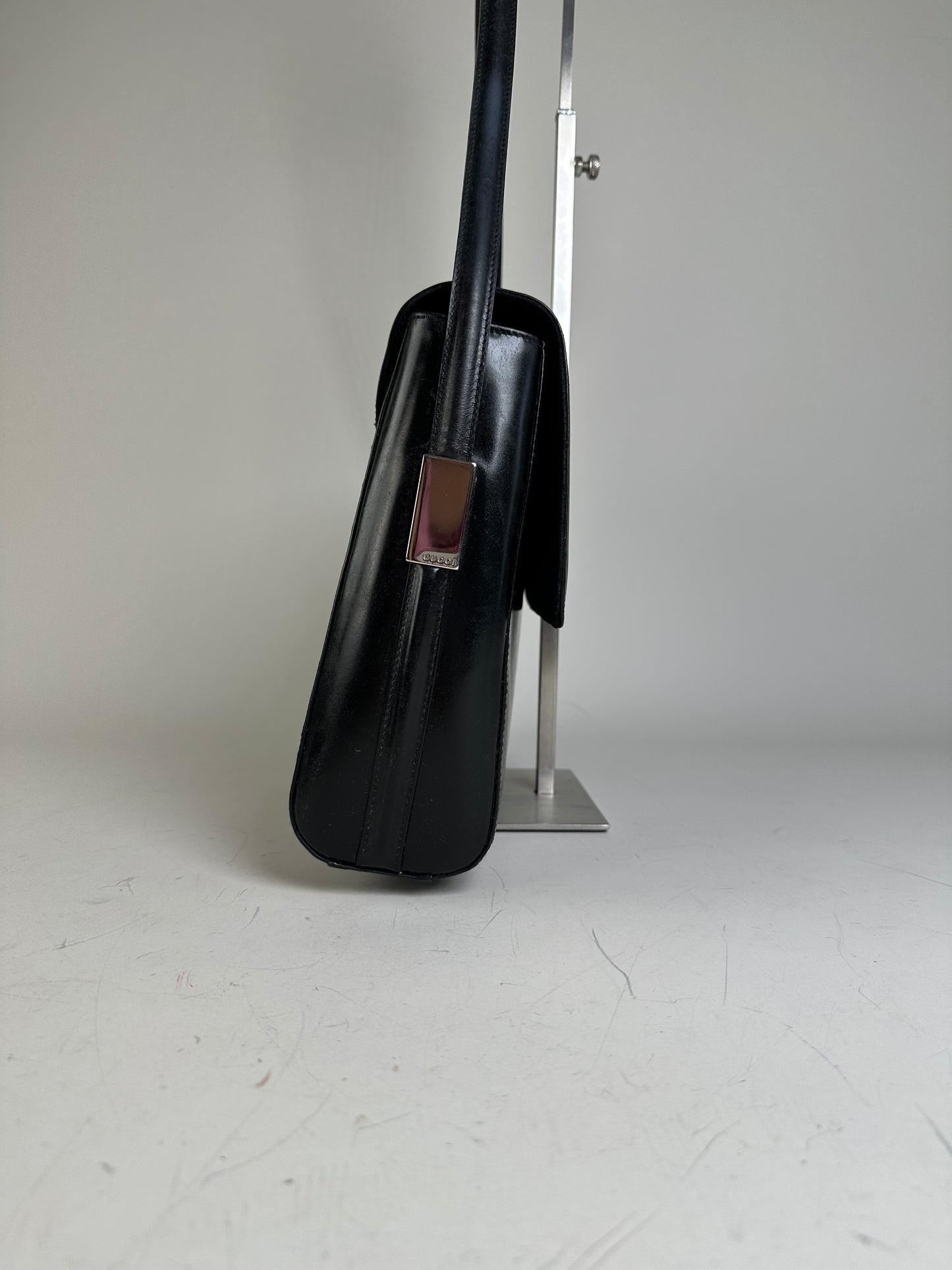 Vintage Gucci Smooth Leather Shoulder Bag Black Silver