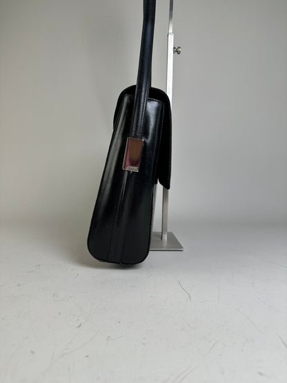 Vintage Gucci Smooth Leather Shoulder Bag Black Silver