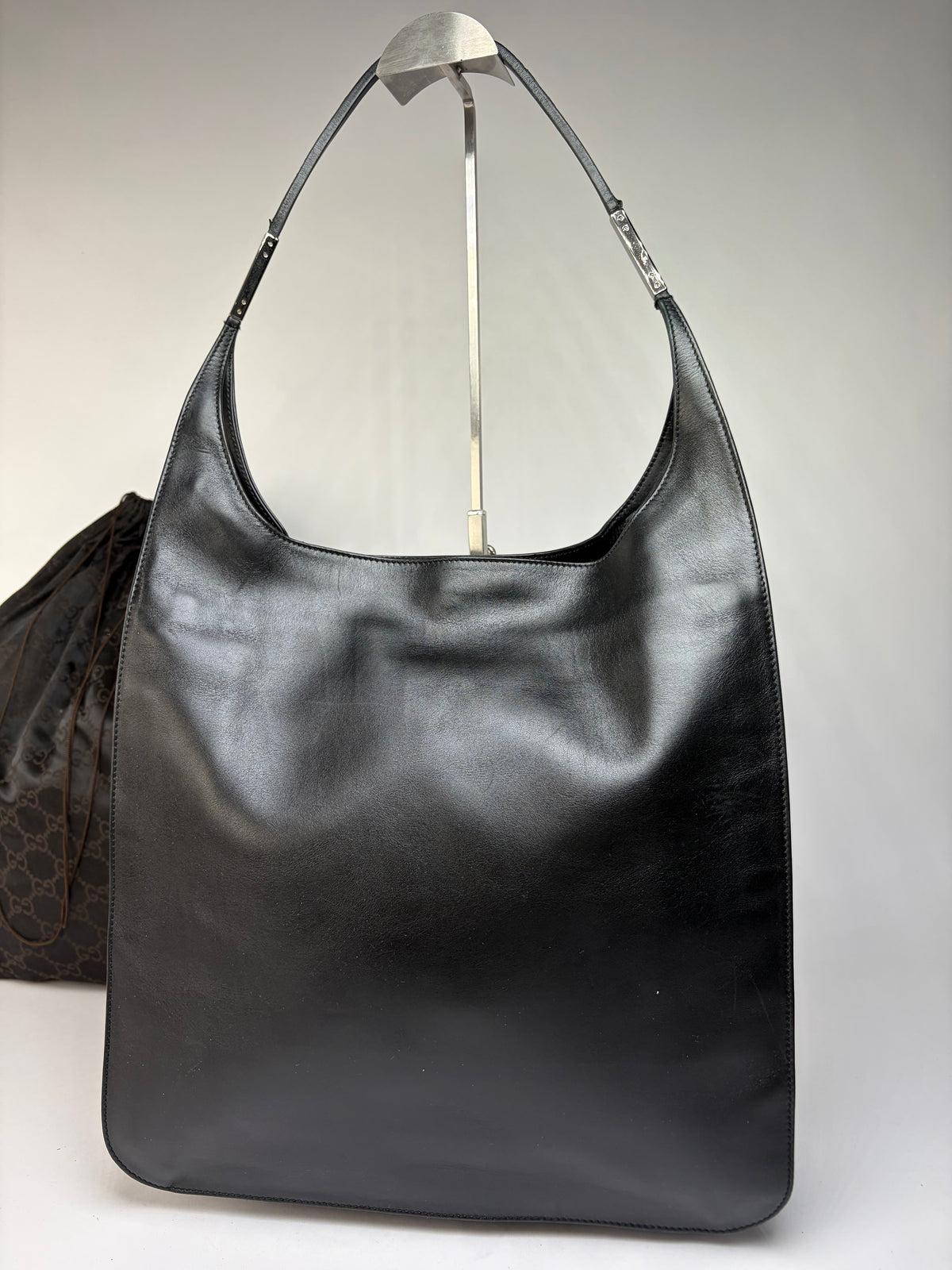 Vintage Gucci Leather Hobo Bag Late 1990s Black Silver