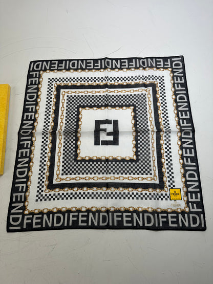 Vintage Fendi Logo Chain Print Silk Scarf Black Gold