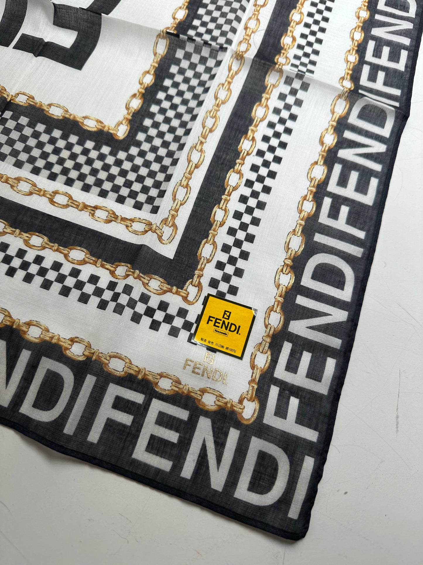 Vintage Fendi Logo Chain Print Silk Scarf Black Gold