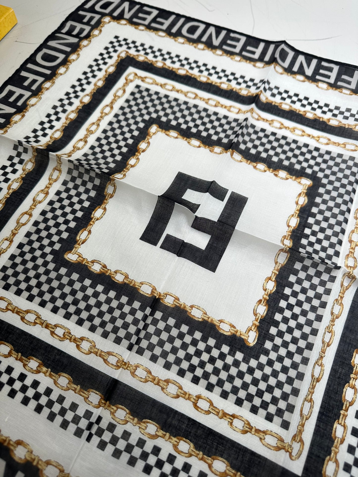 Vintage Fendi Logo Chain Print Silk Scarf Black Gold