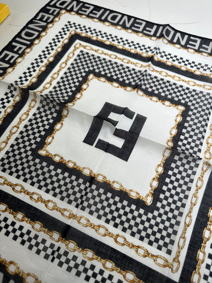 Vintage Fendi Logo Chain Print Silk Scarf Black Gold