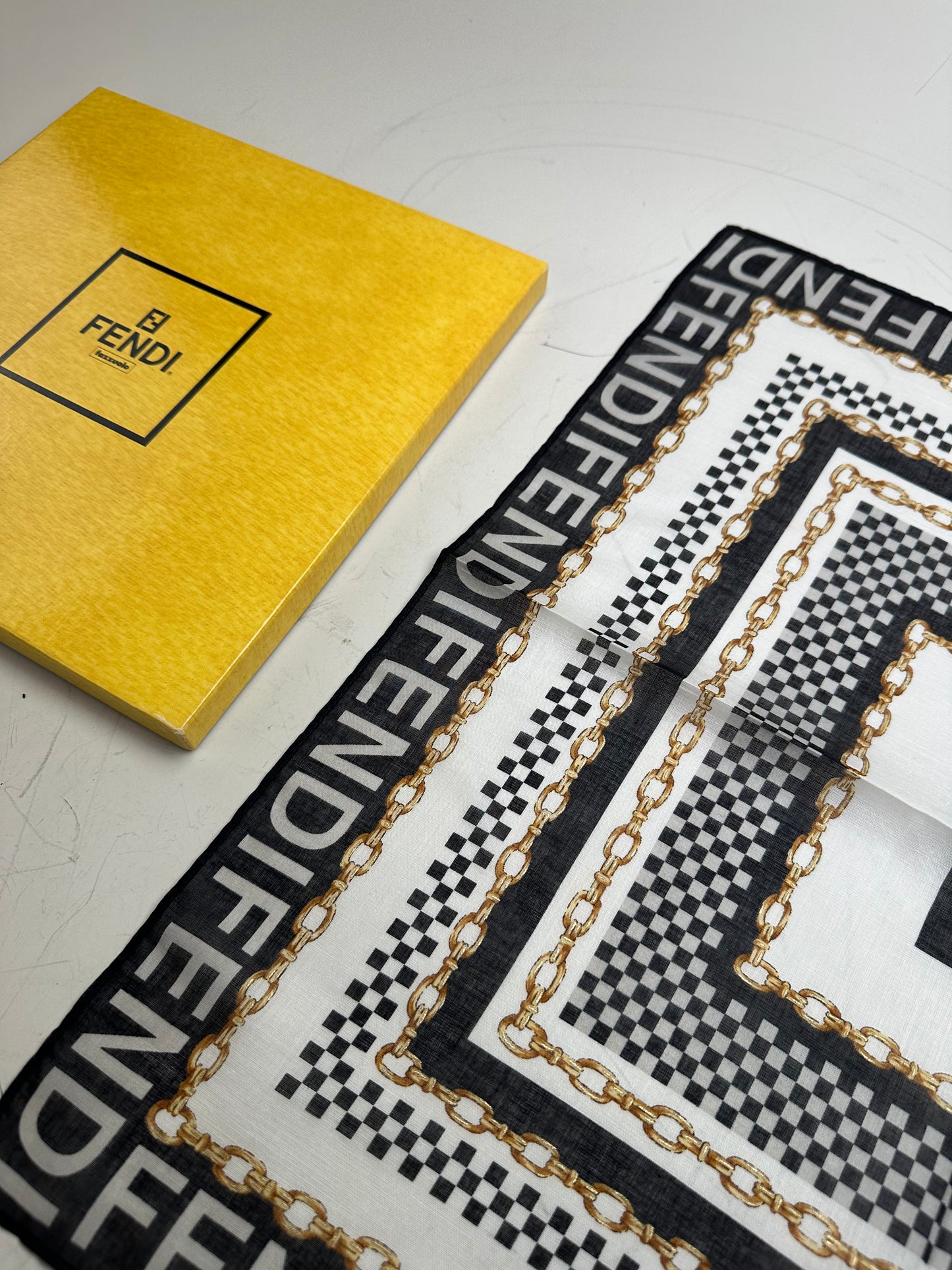 Vintage Fendi Logo Chain Print Silk Scarf Black Gold