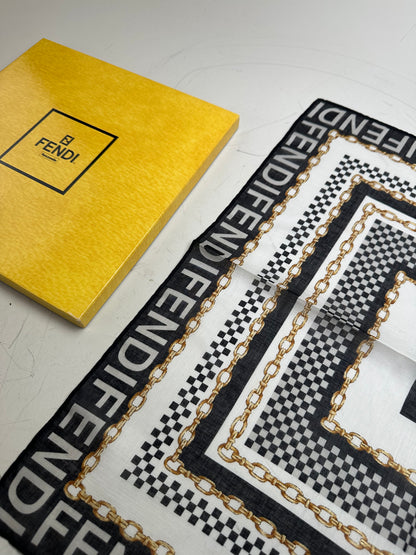 Vintage Fendi Logo Chain Print Silk Scarf Black Gold