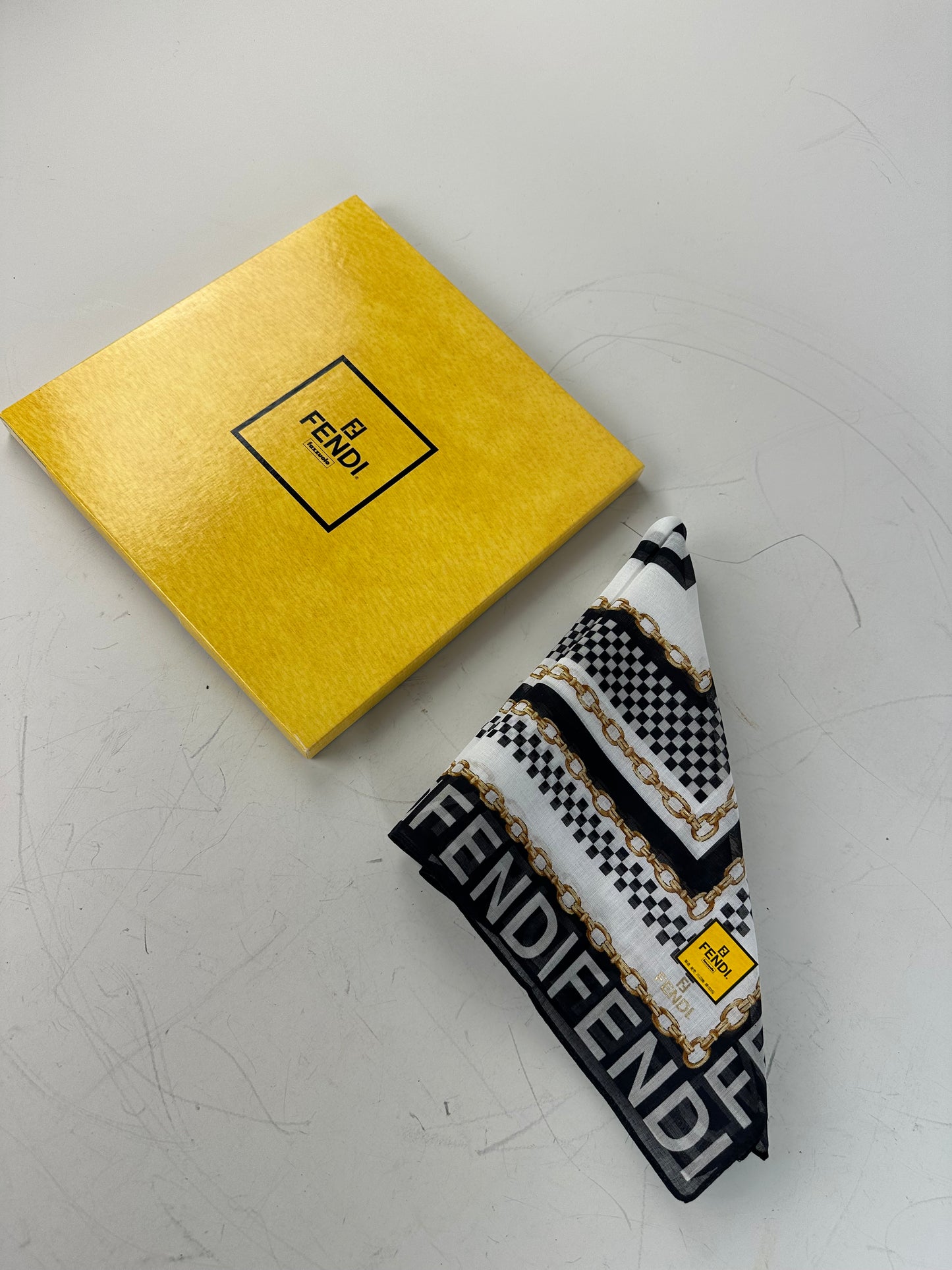 Vintage Fendi Logo Chain Print Silk Scarf Black Gold