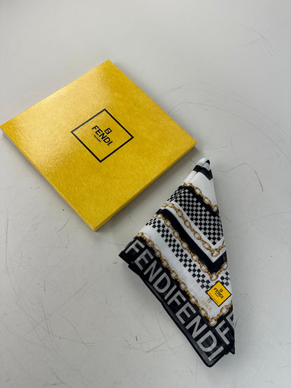 Vintage Fendi Logo Chain Print Silk Scarf Black Gold