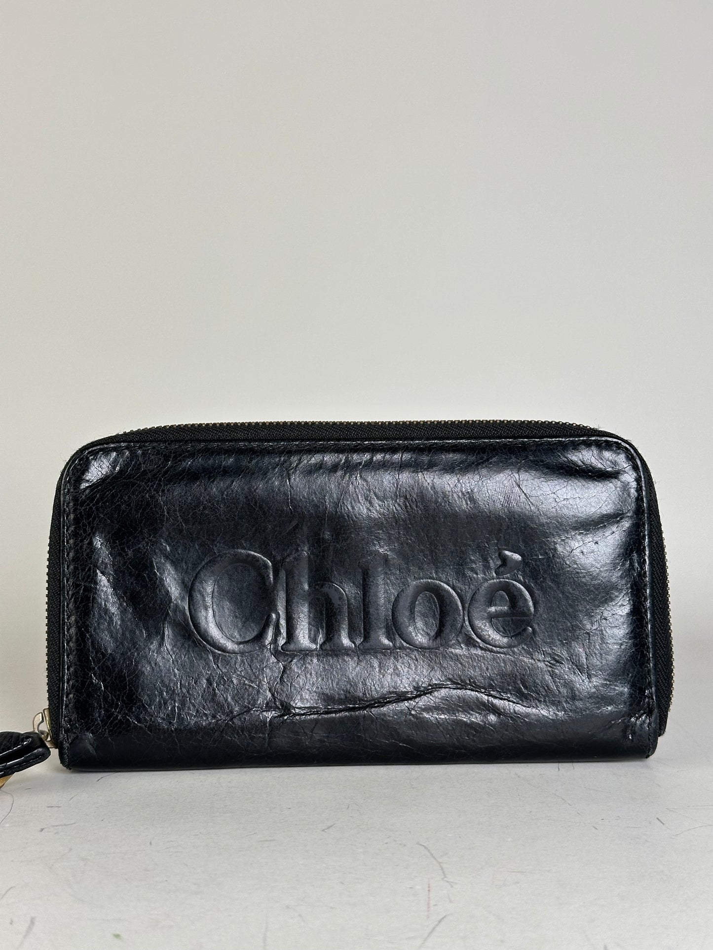 Vintage Chloe Leather Zip Wallet Black Gold