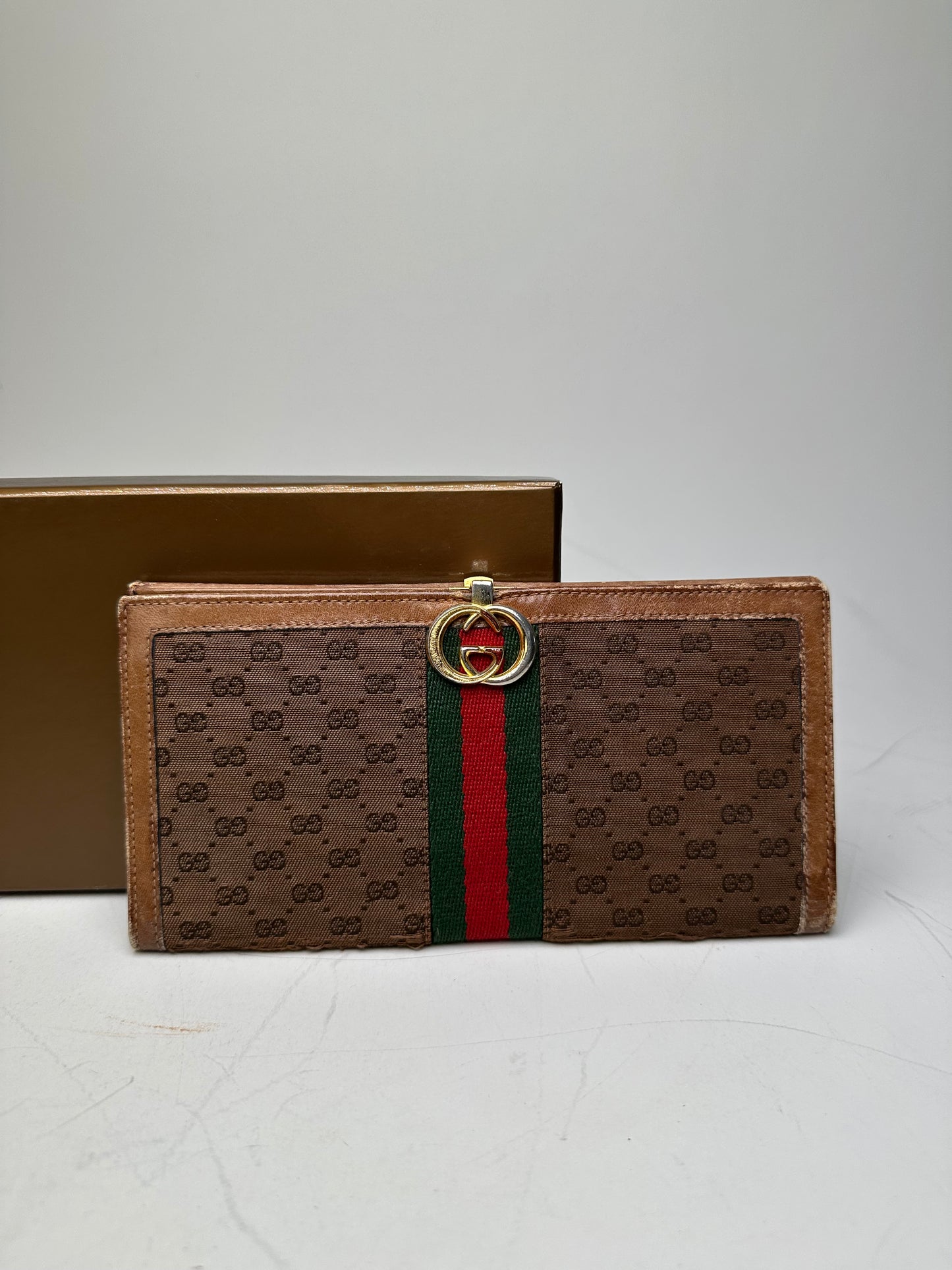 Vintage Gucci GG Supreme Canvas Wallet Brown Beige Gold