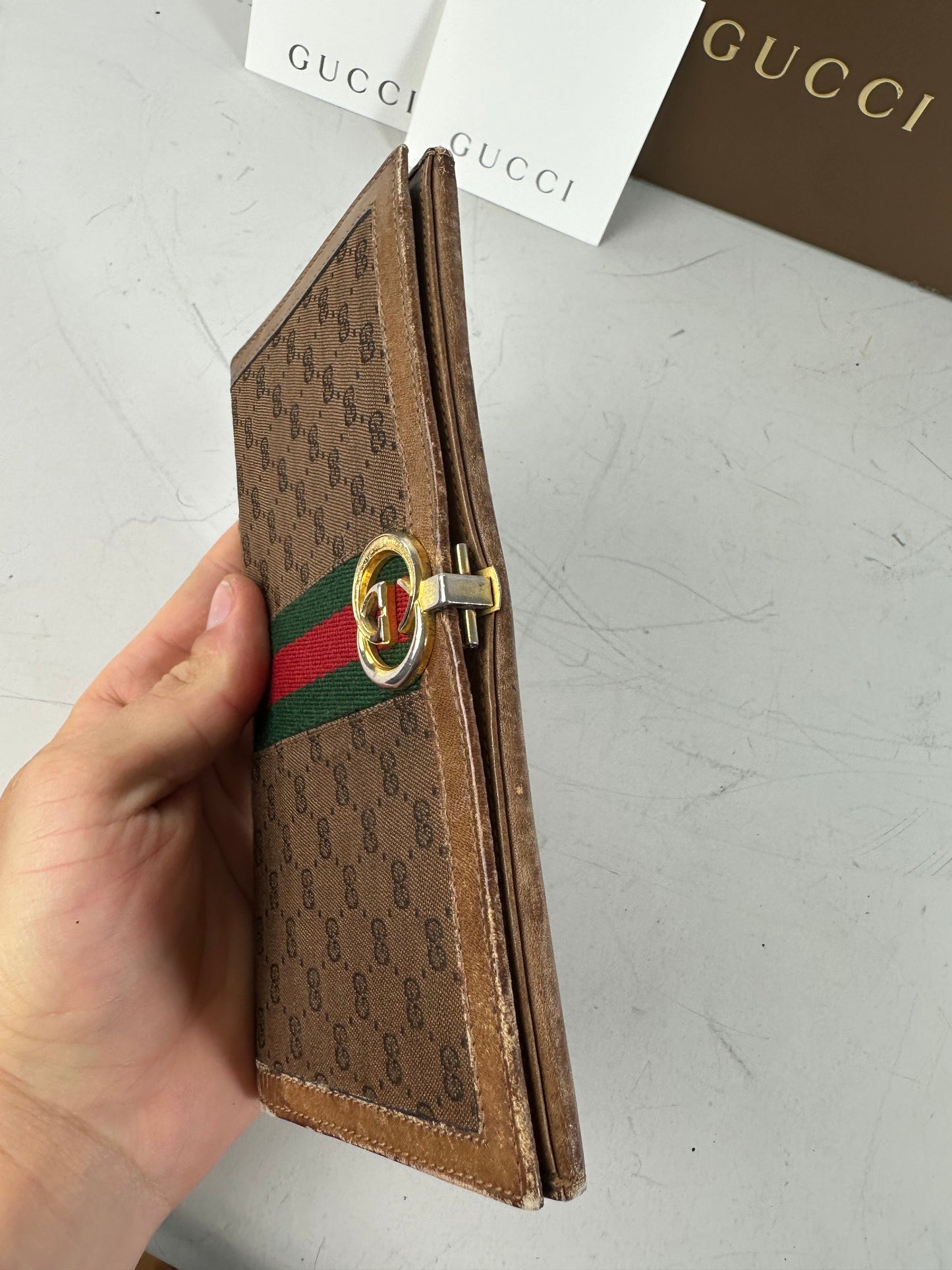 Vintage Gucci GG Supreme Canvas Wallet Brown Beige Gold