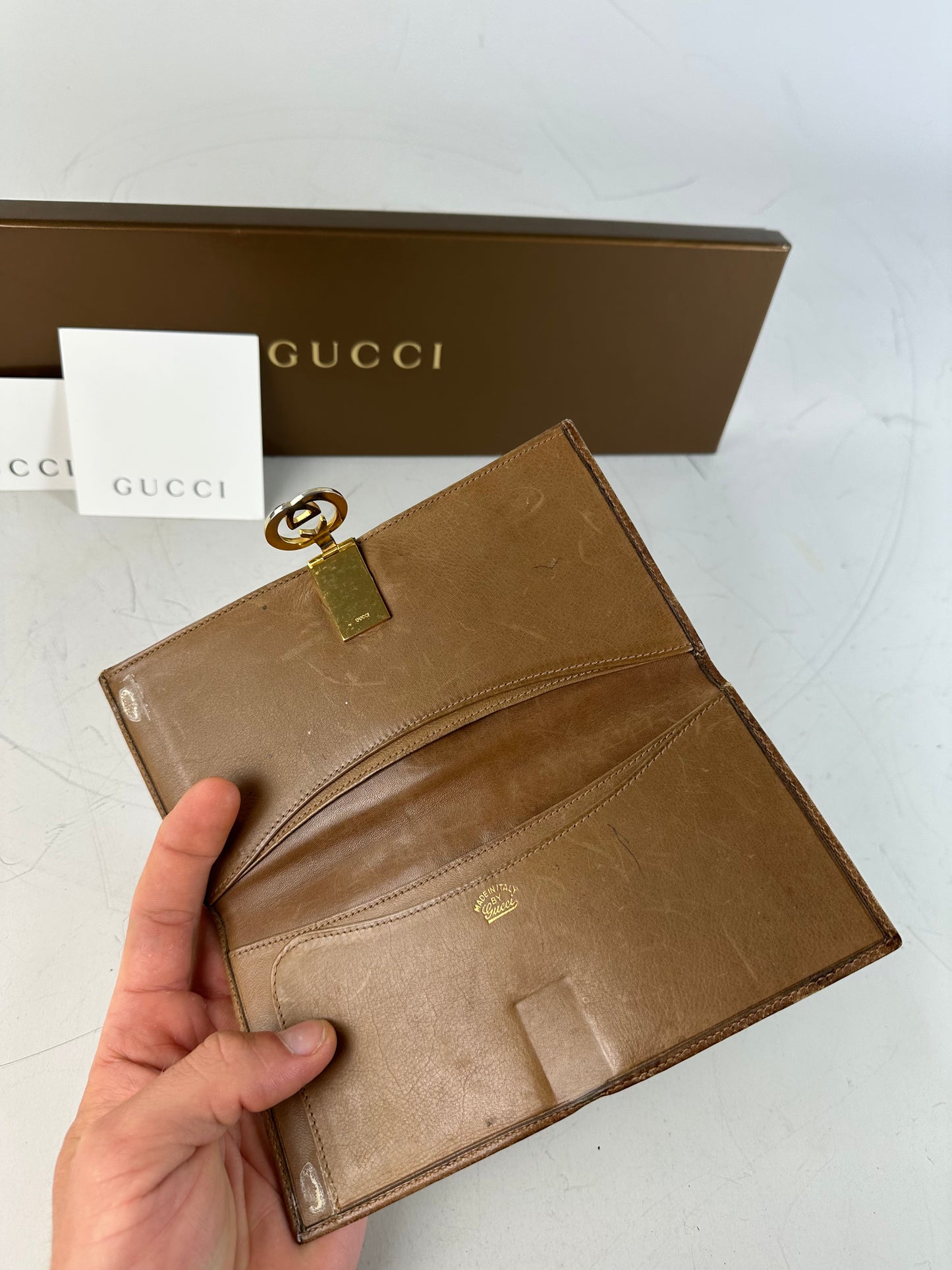 Vintage Gucci GG Supreme Canvas Wallet Brown Beige Gold