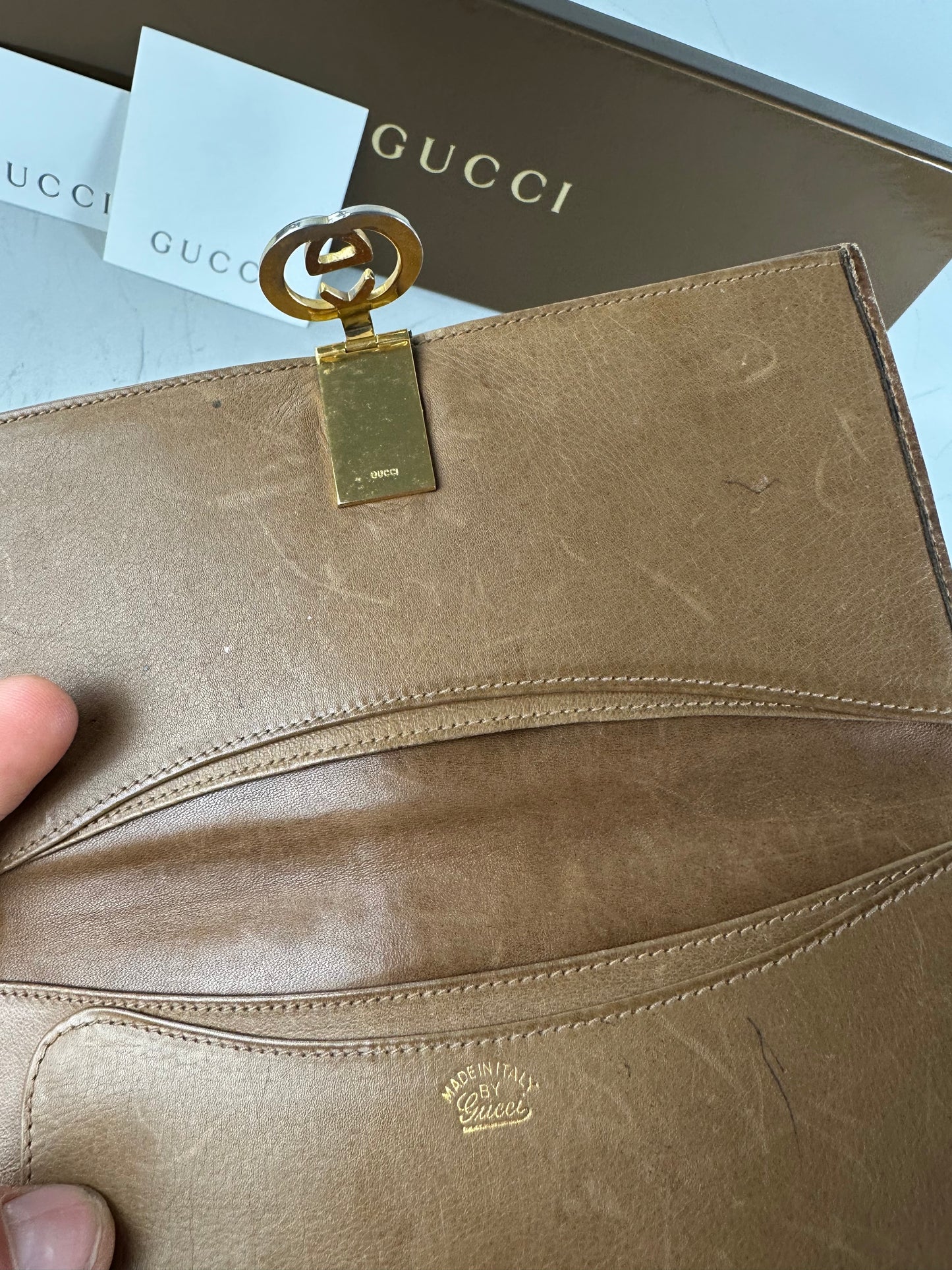 Vintage Gucci GG Supreme Canvas Wallet Brown Beige Gold