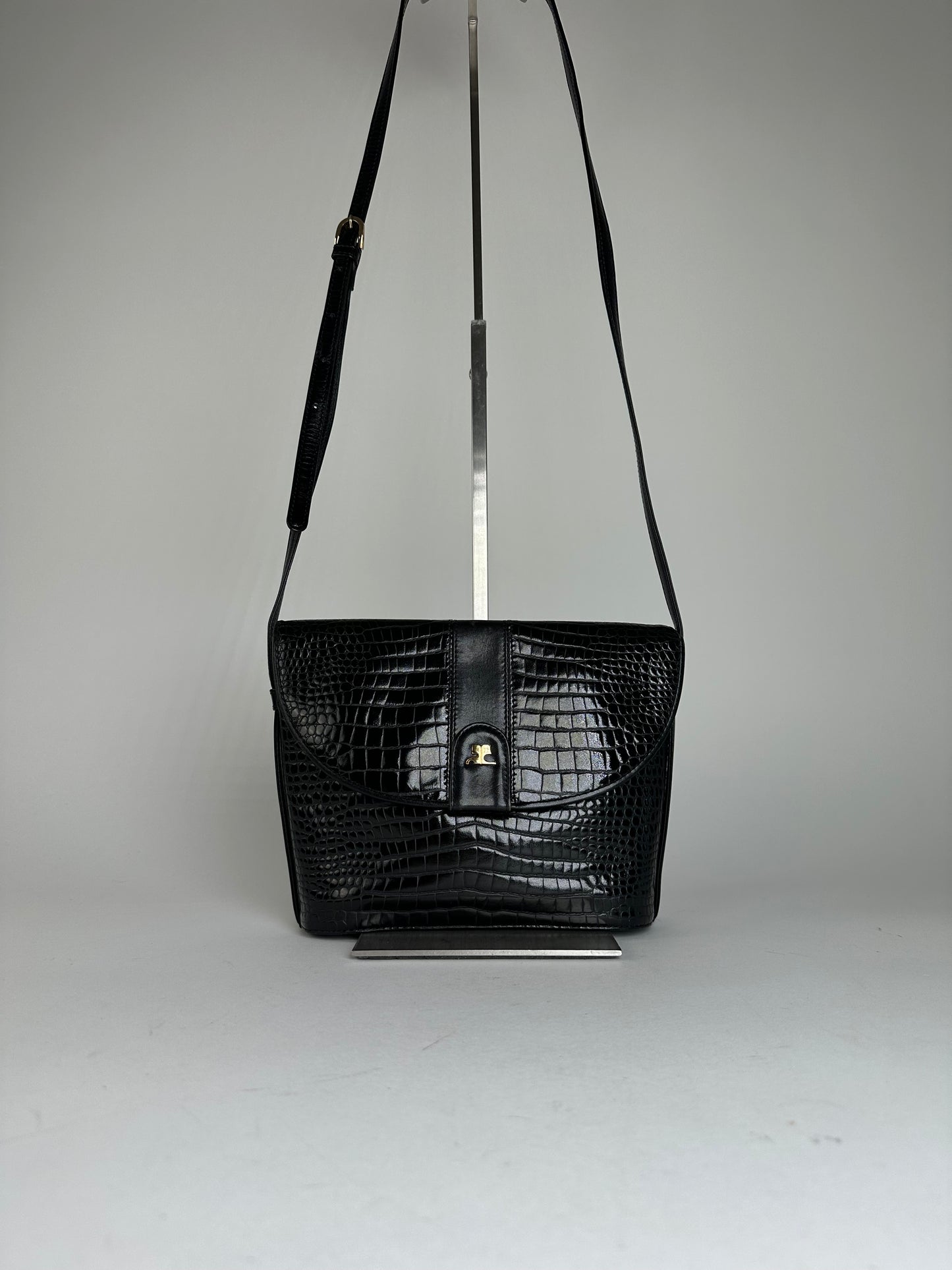 Vintage Courreges Embossed Leather Shoulder Bag Black