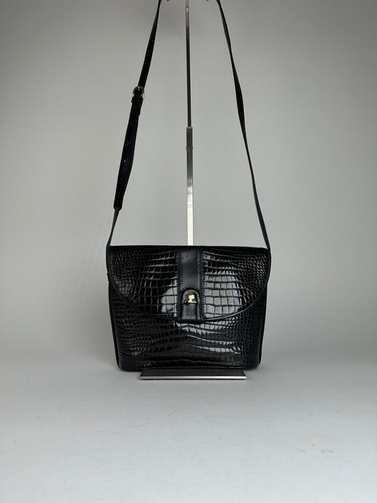 Vintage Courreges Embossed Leather Shoulder Bag Black