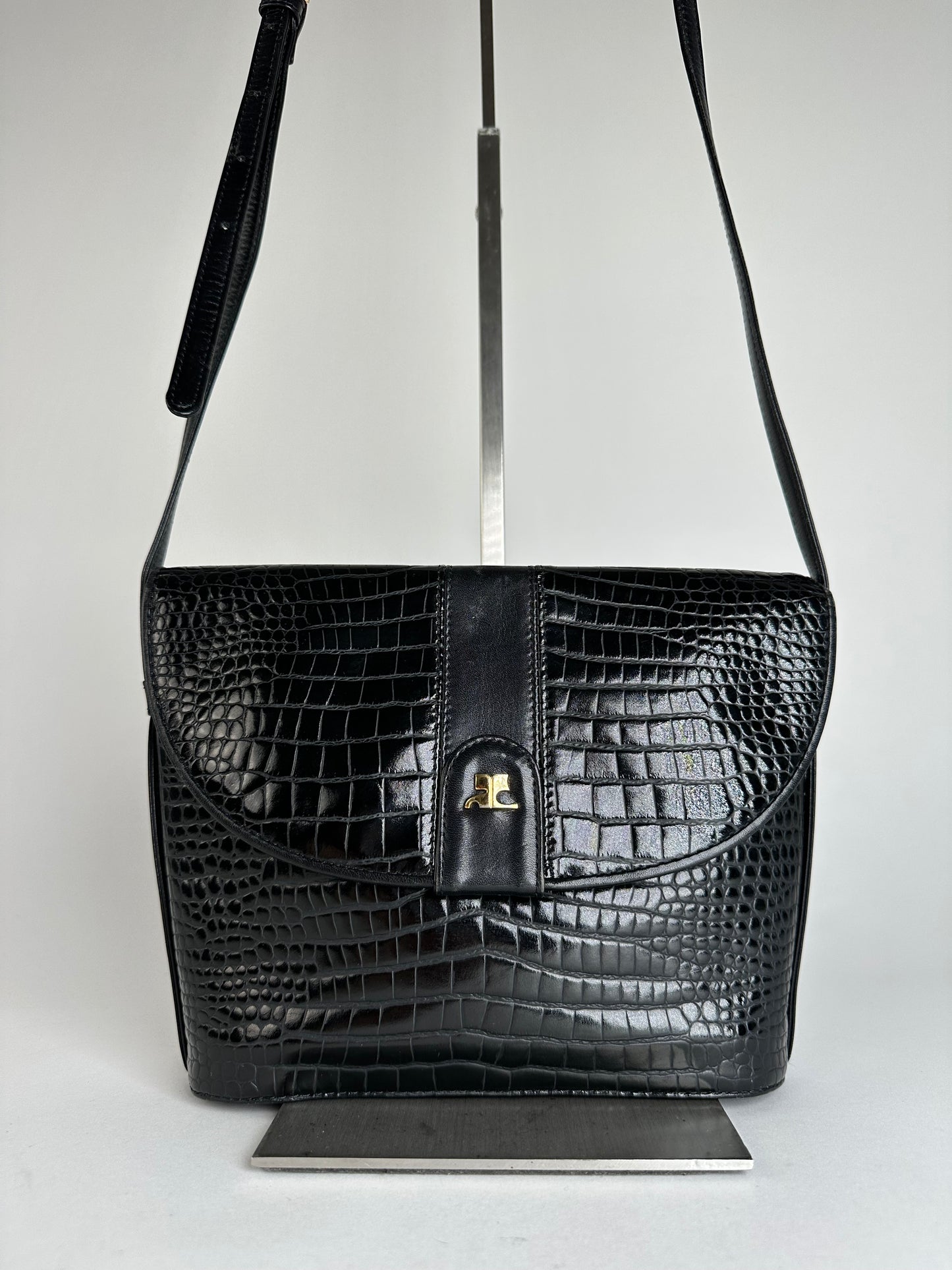 Vintage Courreges Embossed Leather Shoulder Bag Black