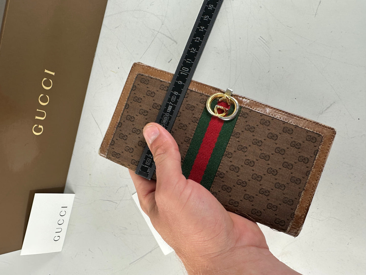 Vintage Gucci GG Supreme Canvas Wallet Brown Beige Gold