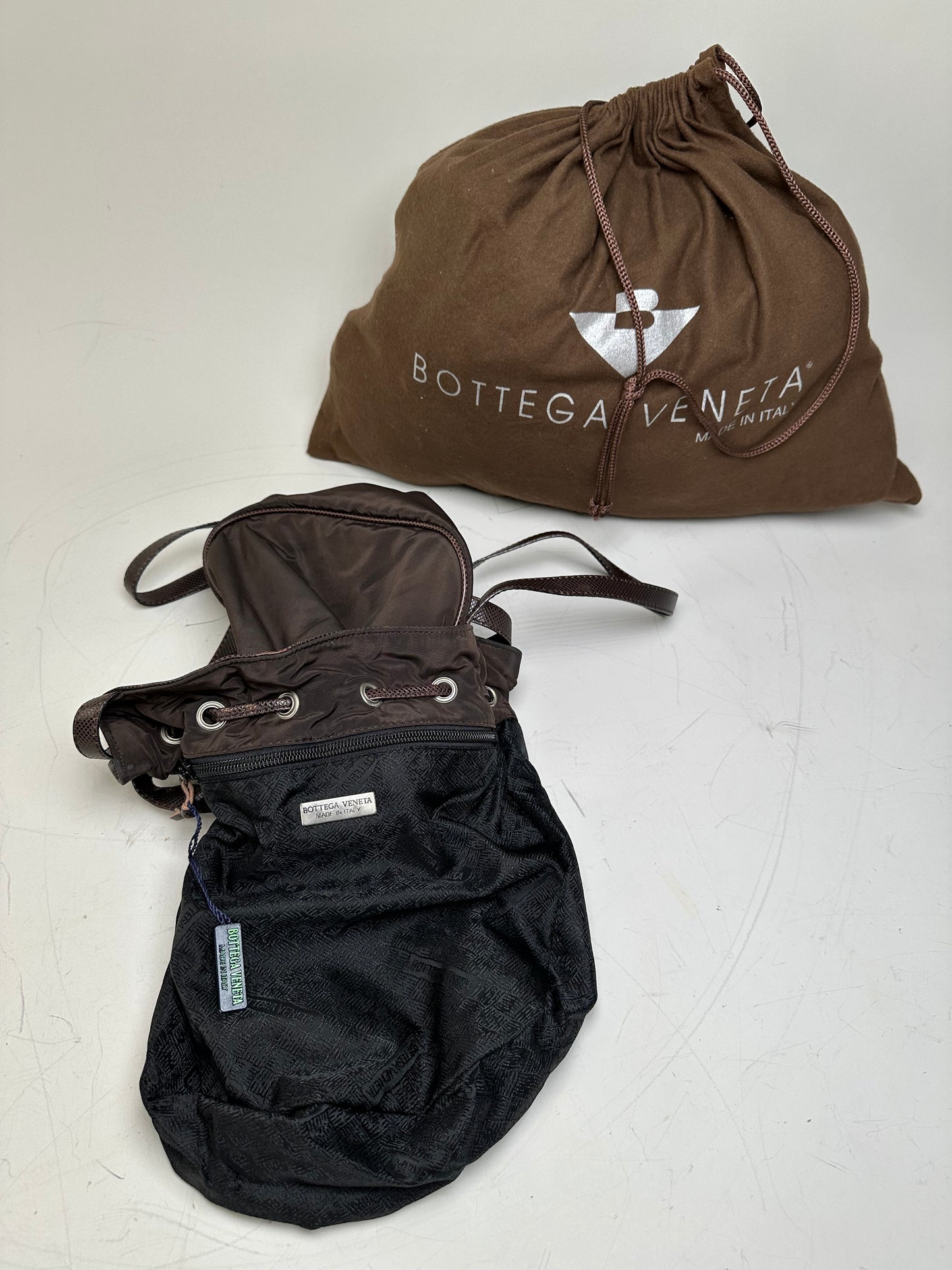 Vintage Bottega Veneta Drawstring Bag Nylon Leather Trim Dark Brown