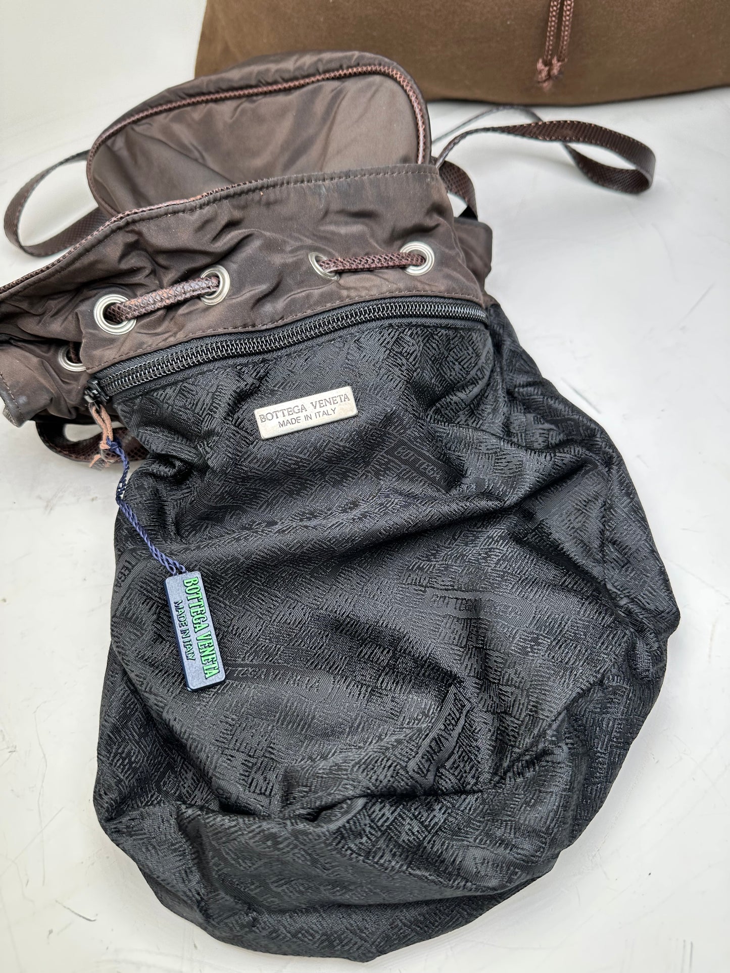 Vintage Bottega Veneta Drawstring Bag Nylon Leather Trim Dark Brown