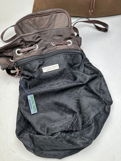 Vintage Bottega Veneta Drawstring Bag Nylon Leather Trim Dark Brown