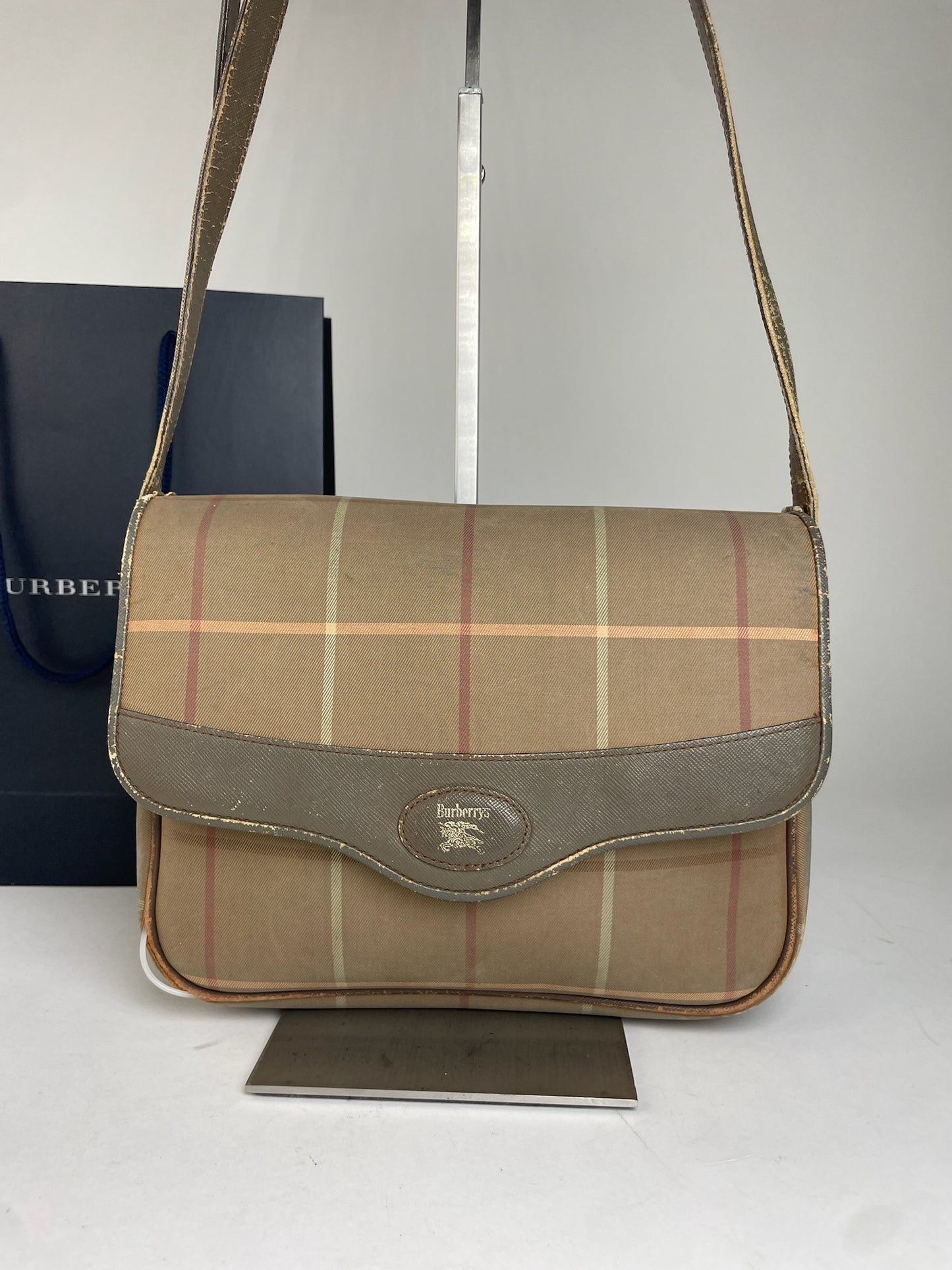 Burberry Vintage Shoulder Bag Iconic Check in Beige and Brown