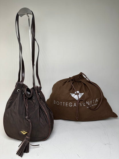 Vintage Bottega Veneta Drawstring Bag Nylon Leather Trim Dark Brown