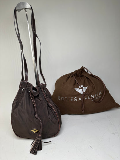 Vintage Bottega Veneta Drawstring Bag Nylon Leather Trim Dark Brown
