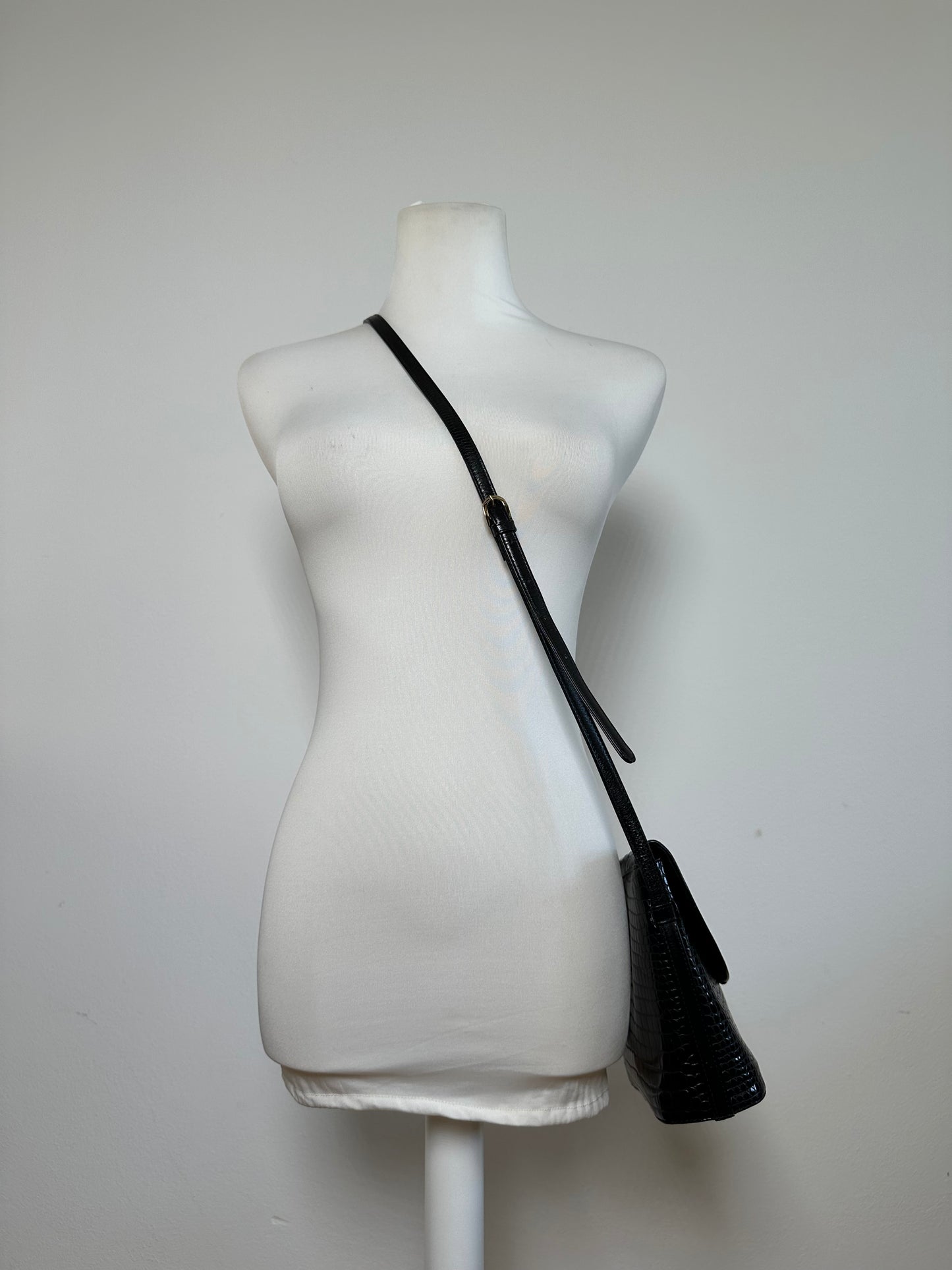 Vintage Courreges Embossed Leather Shoulder Bag Black