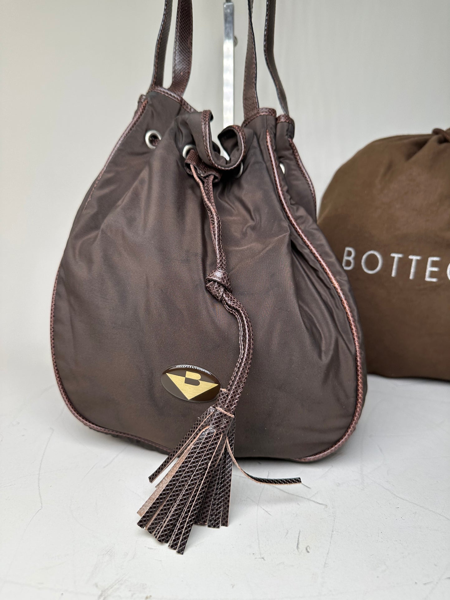 Vintage Bottega Veneta Drawstring Bag Nylon Leather Trim Dark Brown