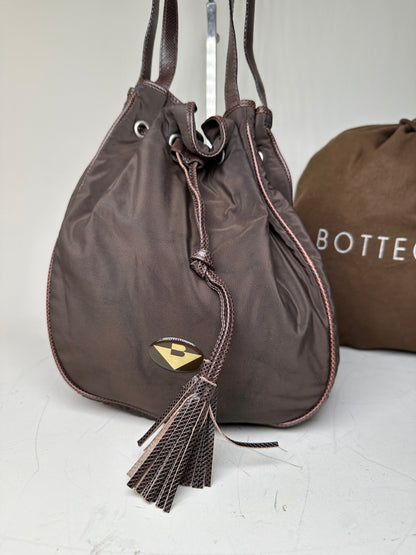 Vintage Bottega Veneta Drawstring Bag Nylon Leather Trim Dark Brown