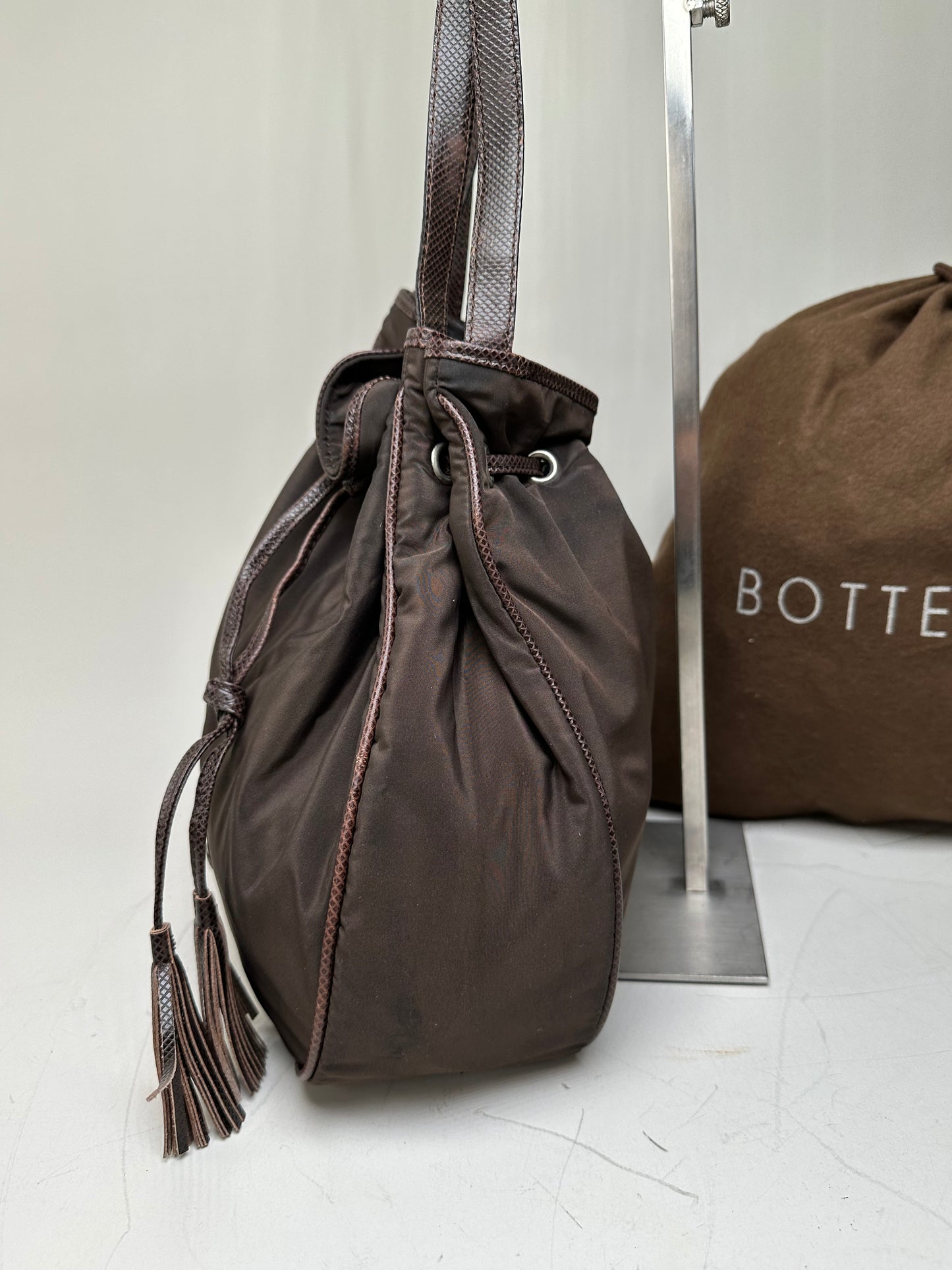 Vintage Bottega Veneta Drawstring Bag Nylon Leather Trim Dark Brown