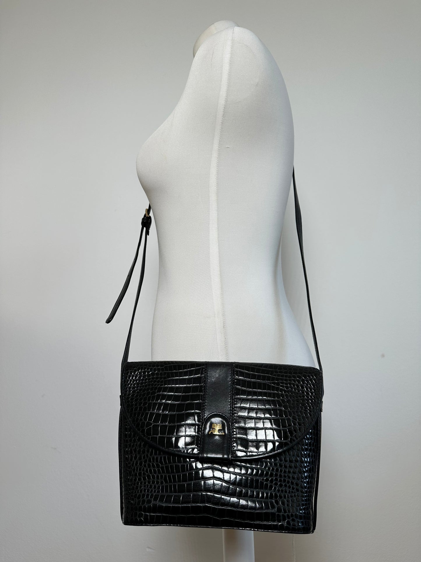 Vintage Courreges Embossed Leather Shoulder Bag Black