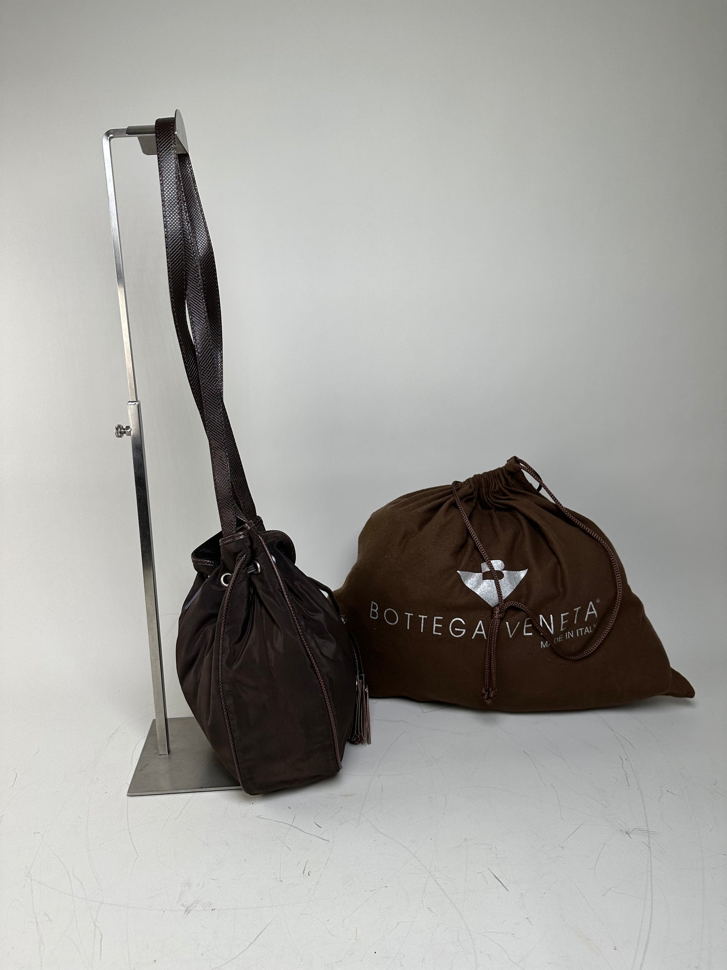 Vintage Bottega Veneta Drawstring Bag Nylon Leather Trim Dark Brown