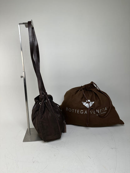 Vintage Bottega Veneta Drawstring Bag Nylon Leather Trim Dark Brown