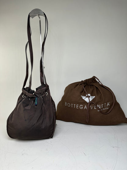 Vintage Bottega Veneta Drawstring Bag Nylon Leather Trim Dark Brown