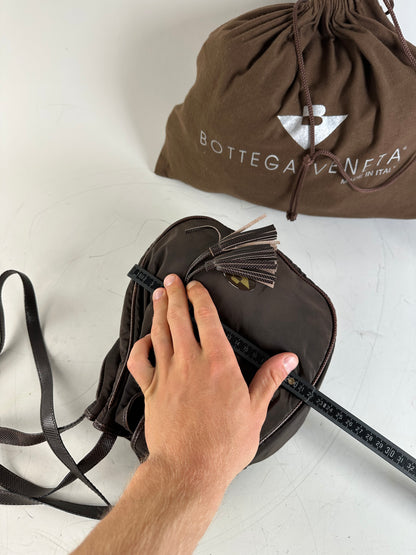 Vintage Bottega Veneta Drawstring Bag Nylon Leather Trim Dark Brown