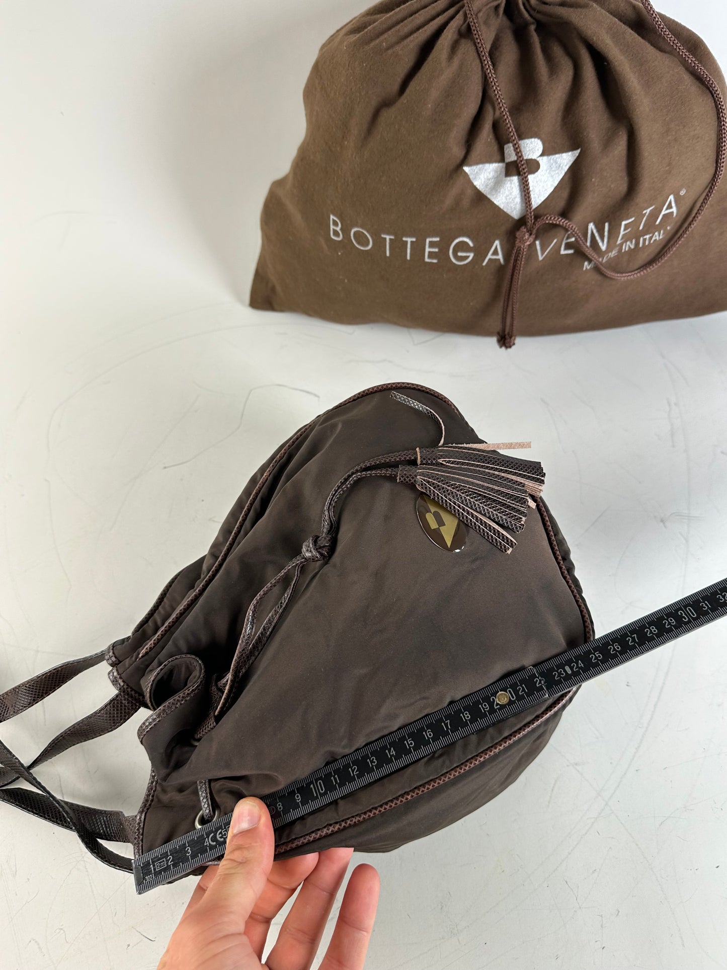 Vintage Bottega Veneta Drawstring Bag Nylon Leather Trim Dark Brown